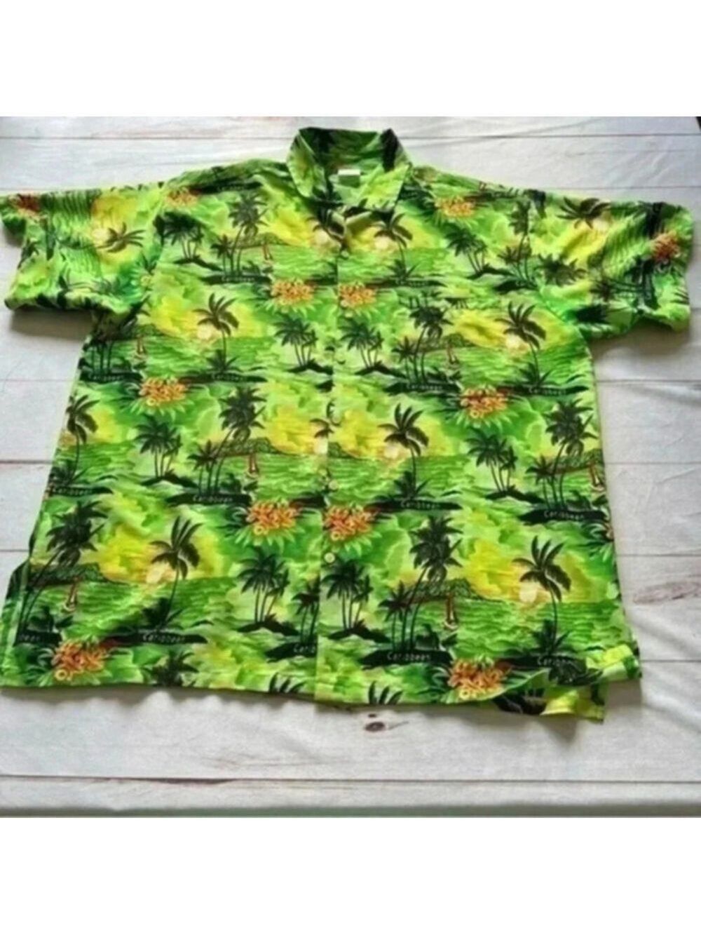 Rima Palm Tree Tropical Island Print Green button down shirt Mens XL Vacation